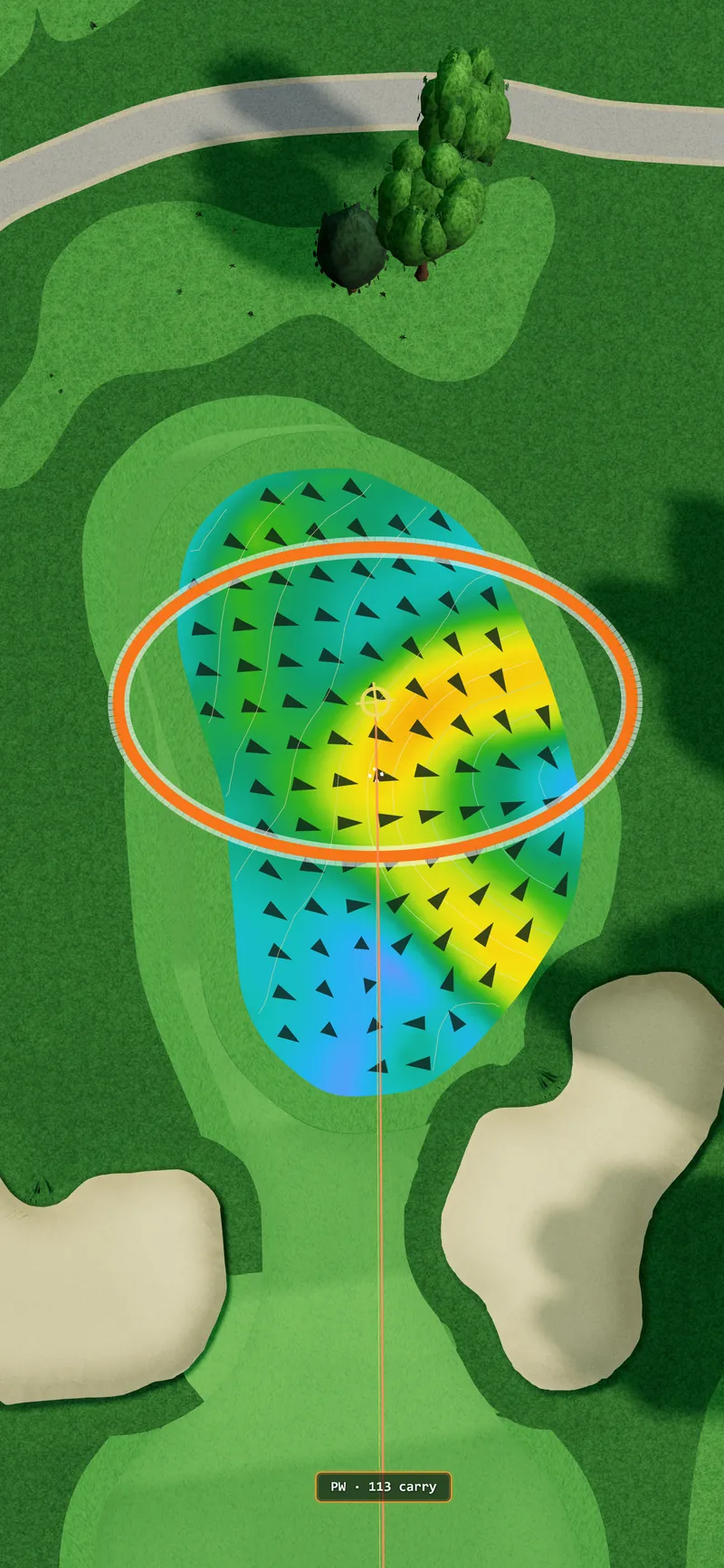 A green shown from above with colored contours and fall-line arrows