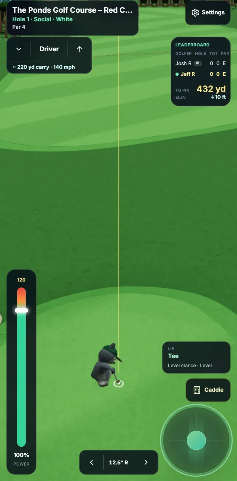 The mobile game on a real 3D hole: the club, the leaderboard and the swing control