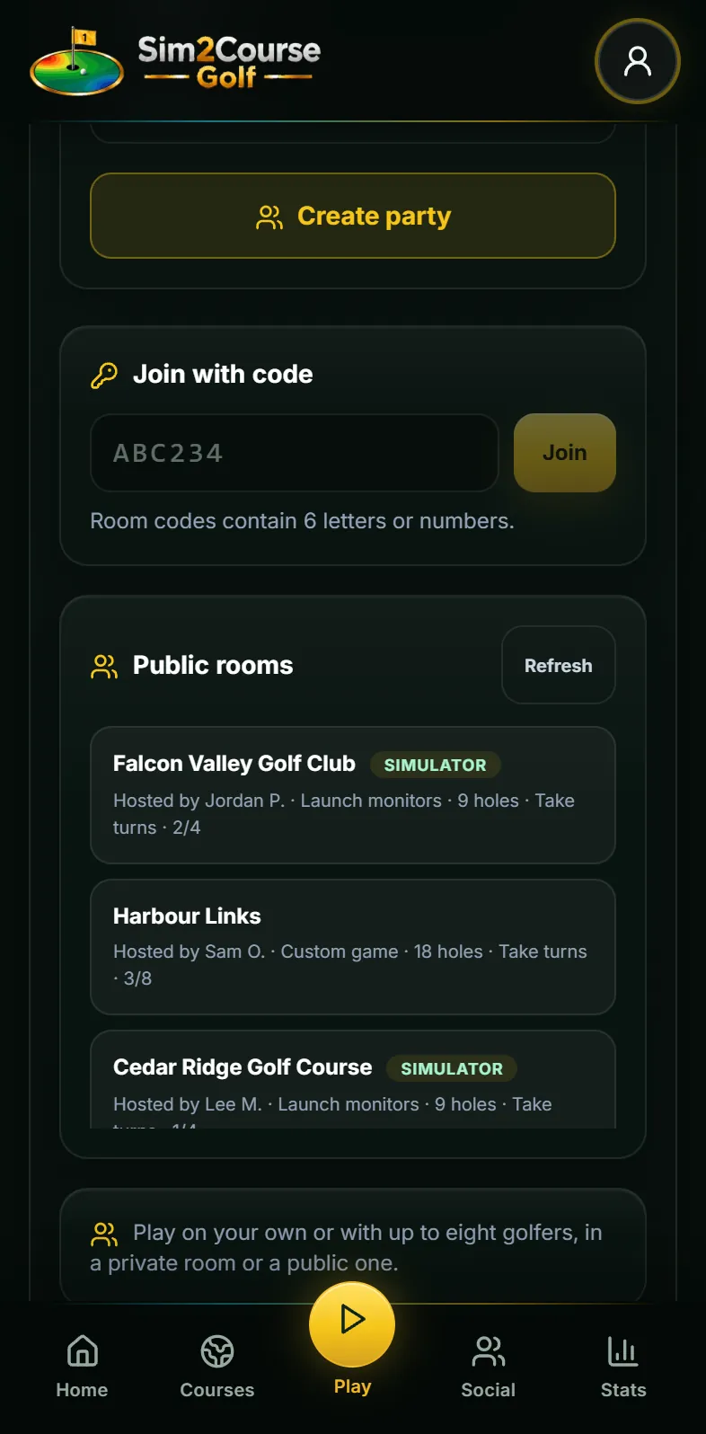 Public rooms in Play Online, with launch monitor rooms marked Simulator