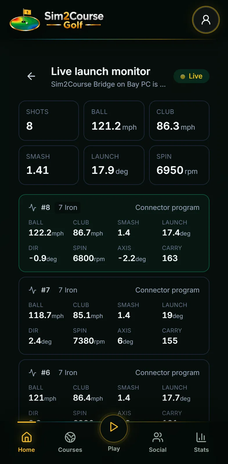 Live launch monitor: every shot from the bay with ball speed, club speed, launch, spin and carry