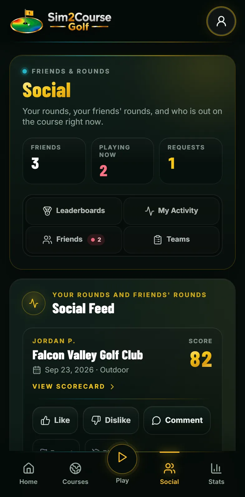 The Social tab: friends, who is playing now and the feed of rounds